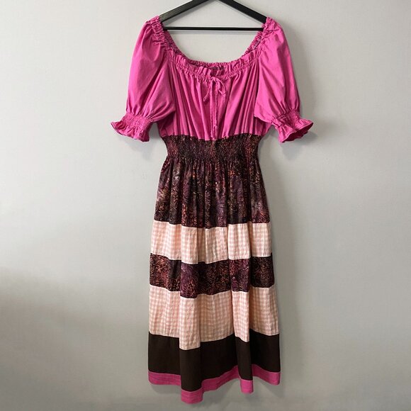 Handmade Plus Size Cotton Linen Batik Pink Multicolour Peasant Dress - Picture 1 of 16